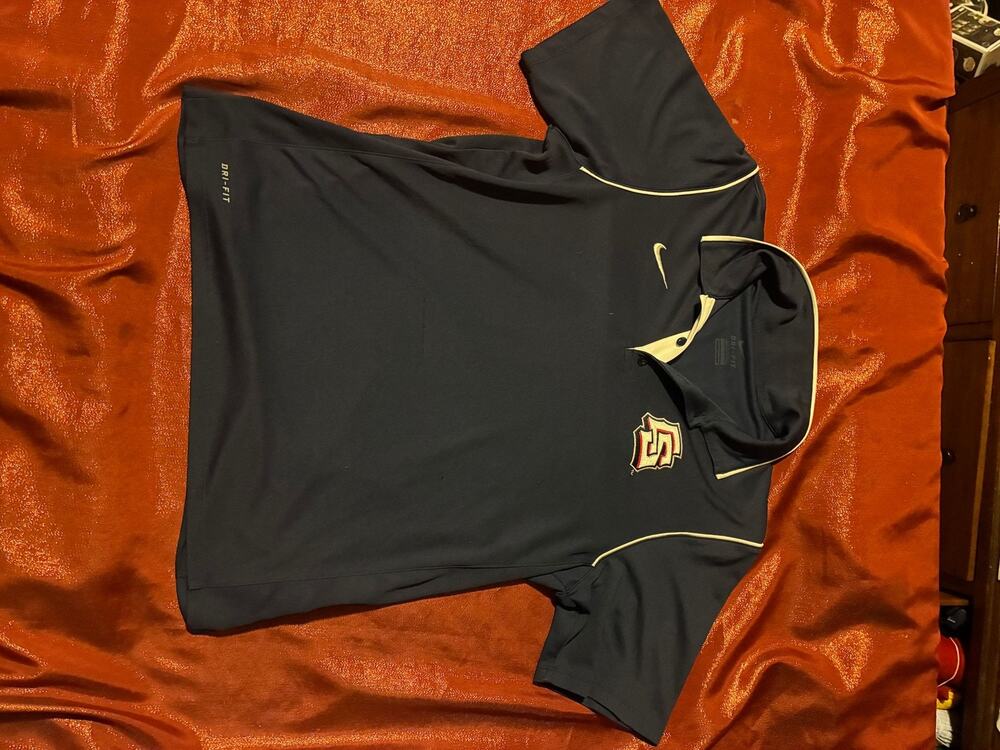 Nike Polo Mens Dri-FIT Short Sleeve Golf Shirt Black Khaki Piping SF Logo Sport